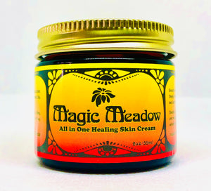 Magic Meadow All In One Organic Skin Cream rainbow color packaging yellow and red label sustainable packaging plastic free zero waste recyclable packaging  Edit alt text